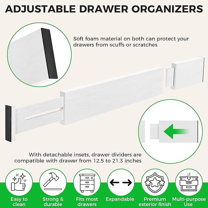 Bamboo Drawer Dividers Organizer with Inserts, Expandable from 12.5-21.7", Adjustable Drawer Organizer Separators for Utensils, Dresser, Bedroom, Bathroom, Closet, Clothing, Office (White)-NeatNest