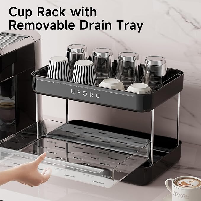 Countertop Coffee Station Organizer, 2 Tier Wine Glass Holder, Mug Display Shelf with Removable Drain Tray, Spice & condiment Rack for Kitchen, Bathroom Countertop Organizer, Black-NeatNest