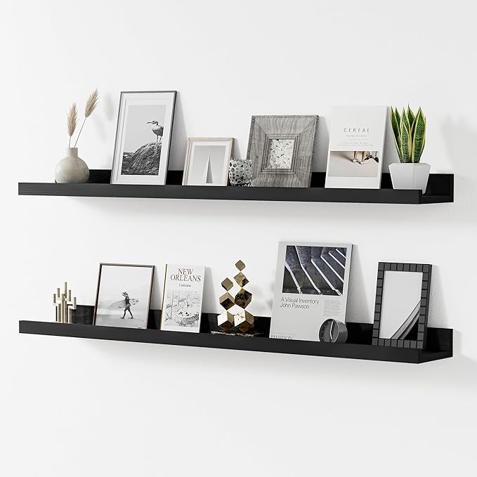 Floating Shelves for Wall, 36 inch Solid Wood Picture Ledge Shelf, Picture Shelf for Wall with Ledge, Floating Book Shelves for Living Room Bedroom Kitchen Nursery Decor, Black, Set of 2-NeatNest