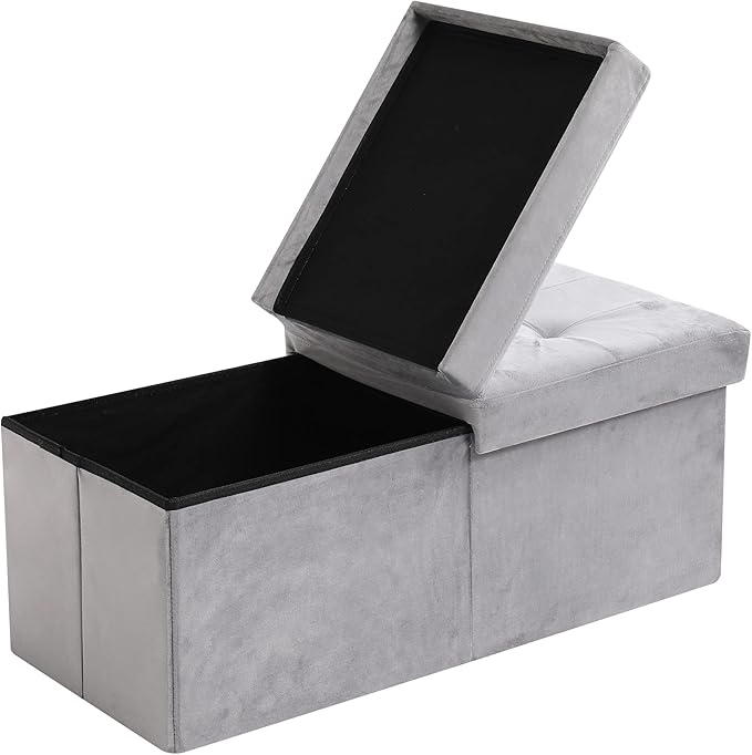 CUYOCA Storage Ottoman Bench Foldable Seat Footrest Shoe Bench End of Bed Storage with Flipping Lid, 75L Storage Space, 30 inches Velvet Light Grey-NeatNest