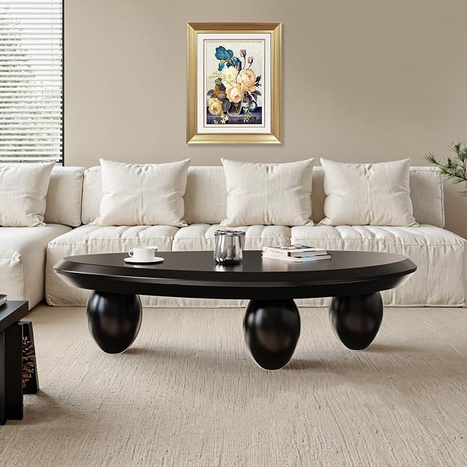 Irregular Coffee Table with 3 Oval Legs Cream White Live Edge Coffee Table Modern Cute Cloud Indoor Central Table Low Tea Table for Living Room Easy Assembly,Water Drop c Black 39.4"