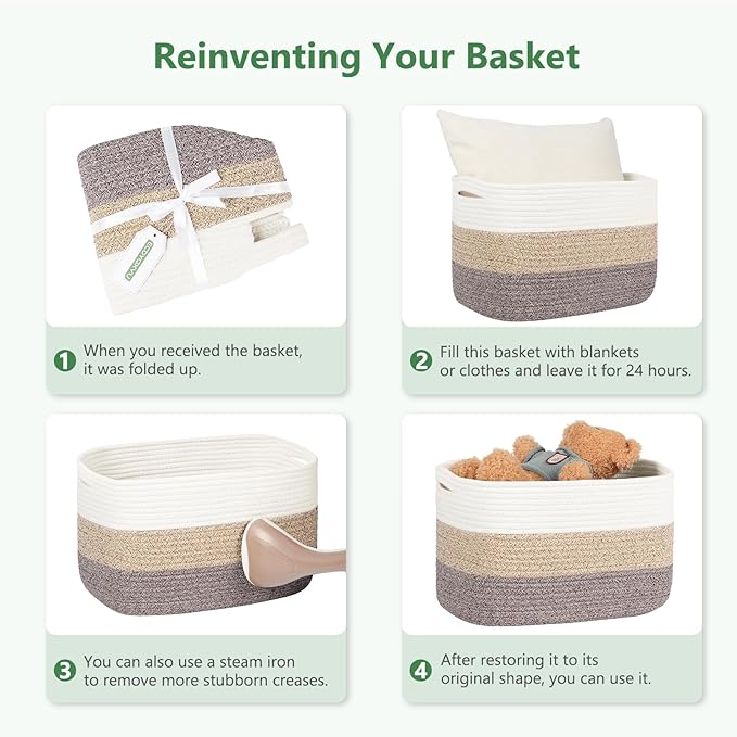 Cotton Rope Basket , Storage Baskets with Handle, 15x10x9 Inch Woven Basket for Shelves, Laundry, Towels, Clothes, Books, Toys (White 3Pack)-NeatNest