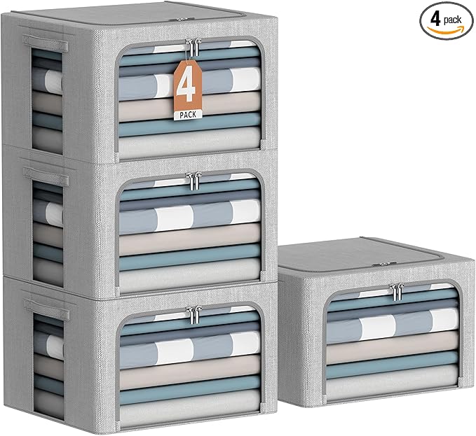 4 Pack Clothes Storage Bins with Metal Frame - Linen Fabric Foldable Stackable Container Organizer Set with Clear Window & Carry Handles & Zippers (Light Grey, 15.7"x11.8"x7.8")-NeatNest