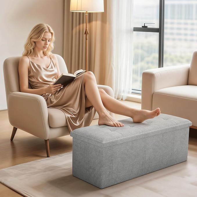 Ottoman Folding Storage Bench, 43x15x15 Inch, Foot Rest Stool for Living Room, Bedroom, Entryway, End of Bed - Multi-Functional Ottoman with Storage Light Gray
