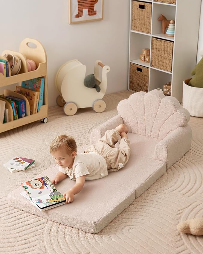 Blissful Diary Kids Couch, 2-in-1 Soft Toddler Couch Fold Out, Toddler Chair Comfy, Convertible Sofa to Lounger, Kids Furniture for Playroom, Gift for Birthday, Children's Day, Beige Shell-NeatNest