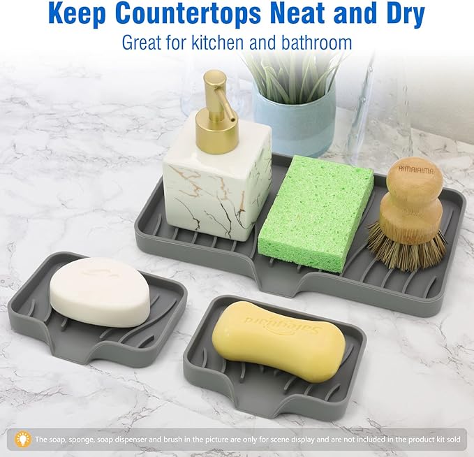 3-Pack Silicone Soap Dish, Sponge Holder for Sink, Kitchen Soap Tray, Bathroom Soap Holder, Sponge Tray with Drain (Grey)-NeatNest