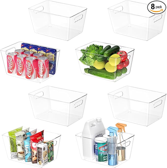 BALEINE Clear Plastic Storage Bins, Pantry Organization, BPA Free Stackable Refrigerator Organizers and Storage with Handles for Kitchen Fridge Cabinet Bathroom (8PK, 11x7.5x6)-NeatNest
