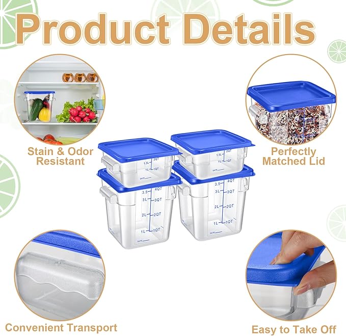 Barydat 4 Pcs Food Storage Container with Lids 2Qt and 4Qt Square Commercial Containers with Scales and Handles Polycarbonate Clear Food Storage for Kitchen Proof Dough Marinating Meat(Blue)