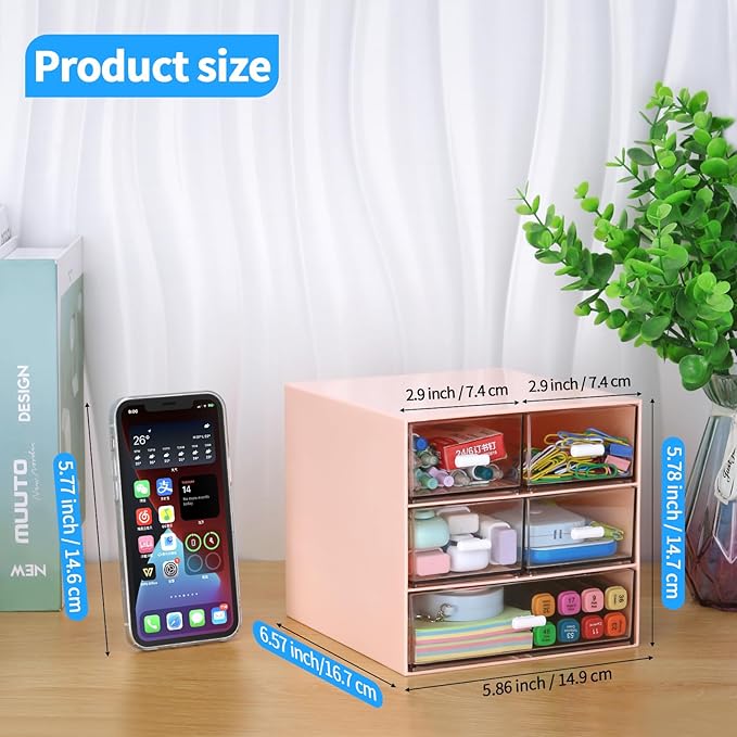 Desk Organizer with 5 Drawers, Rectangular Office Stationery Supplies Desktop Drawers, Plastic Makeup Storage, Suitable for Office, School, Home (Pink & 5 Drawers)-NeatNest