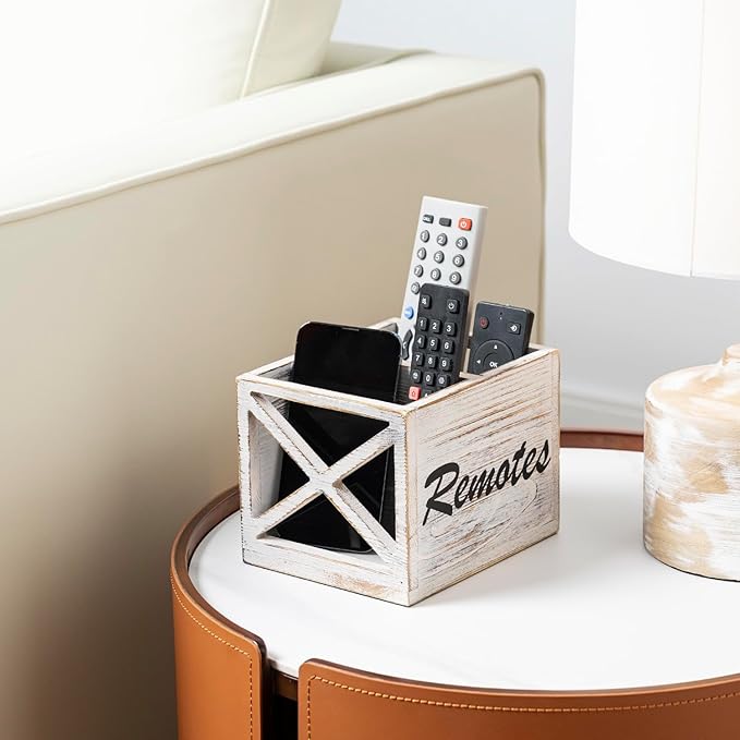 FARM IN Remote Control Holder,TV Remote Holder,Remote Caddy,Solid Wood Remote Control Holder with Cursive Letters Design, Whitewashed Solid Pine Wood with Black Cursive Letters Remotes-NeatNest