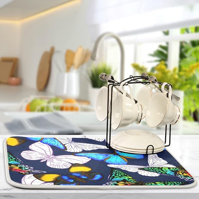 Absorbent Dish Drying Mat for Kitchen Counter - Blue Butterfly Microfiber Drying Pad, Reversible Drainer Mats for Countertop, Large 18" x 24"