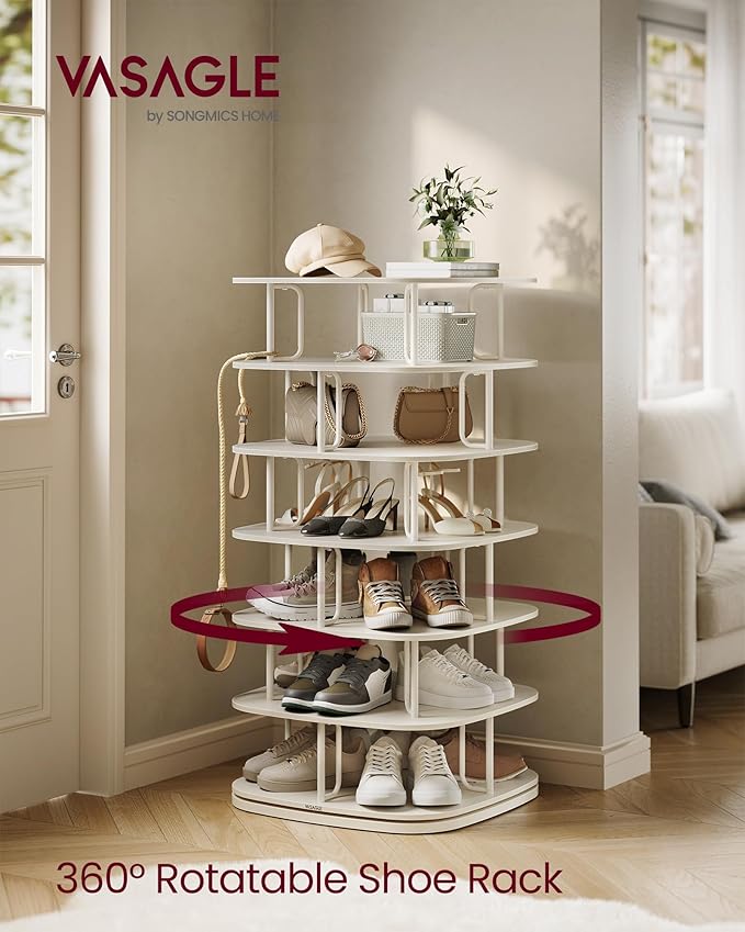 VASAGLE 7-Tier Shoe Rack, Rotating Shoe Rack Tower, Shoe Closet Organizer, Shoe Shelf, 28-35 Pairs, 23.6 x 23.6 x 47.2 Inches, for Entryway, Living Room, Closet, Cream White ULBS041W01-NeatNest