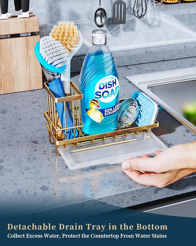 Consumest Sink Caddy, Kitchen Sponge Holder with Dish Brush Holder, Kitchen Sink Organizer with Drip Tray for Countertop, Stainless Steel Rustproof - Gold-NeatNest