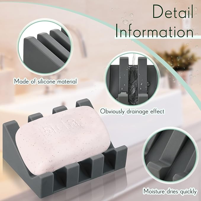 Cunhill 2 Pieces Silicone Soap Dish Self Draining Soap Dish Shower Waterfall Bar Soap Holder Tray with Drain Soap Saver for Kitchen Bathroom Accessories (Dark Grey,Light Green)-NeatNest