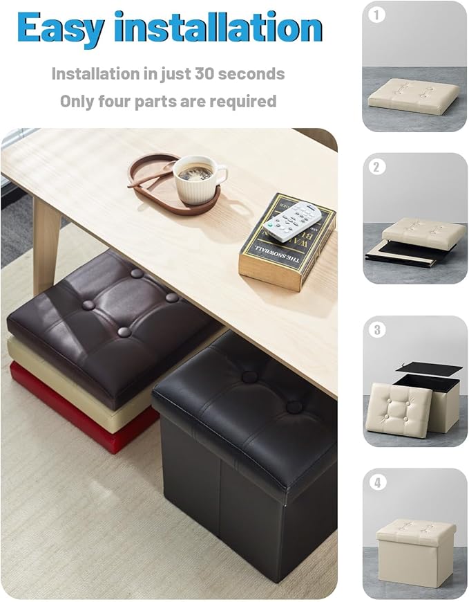 AmasSmile Storage Ottoman Folding Foot Rest Stool, Leather Footstool Bench, Short Ottoman Stool, Storage Foot Rest Store, Books (Beige, 17" D x 13" W x 13" H)-NeatNest