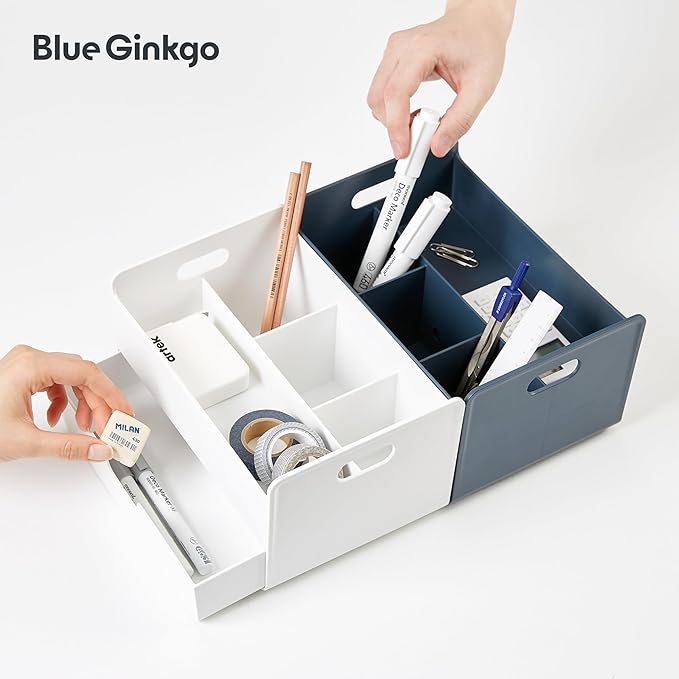BLUE GINKGO Portable Desk Organizer – Compact 3 Compartment, Half-drawer Storage – Pen Holder, Stationery Desktop Organizer for Office, Makeup, Crafts (Made in Korea, Blue)-NeatNest