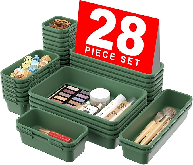 A-LuGei 【28PCS】 Drawer Organizer, Bathroom Organizers and Storage, Makeup organizer, Desk drawer organizer, Storage Bins for Kitchen Office Bedroom Vanity Jewelry Pantry Garage【ArmyGreen】【4Size】-NeatNest