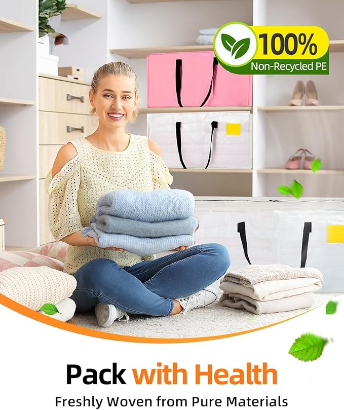 12 Pack Extra Large Moving Bags, Heavy Duty Packing Bags with Zippers and Handles for Space Saving, Clothes Storage, College Essentials, Travel, Clear