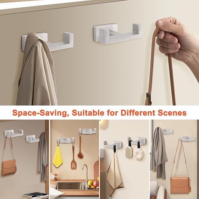 HarJue Bath Towel Hooks, 304 Stainless Steel Robe Towel Hanger Heavy-Duty Rustproof Coat Hook for Bathroom and Kitchen-Wall Mounted, Double Towel Holder (Brushed Nickel,2 Pack-Square)