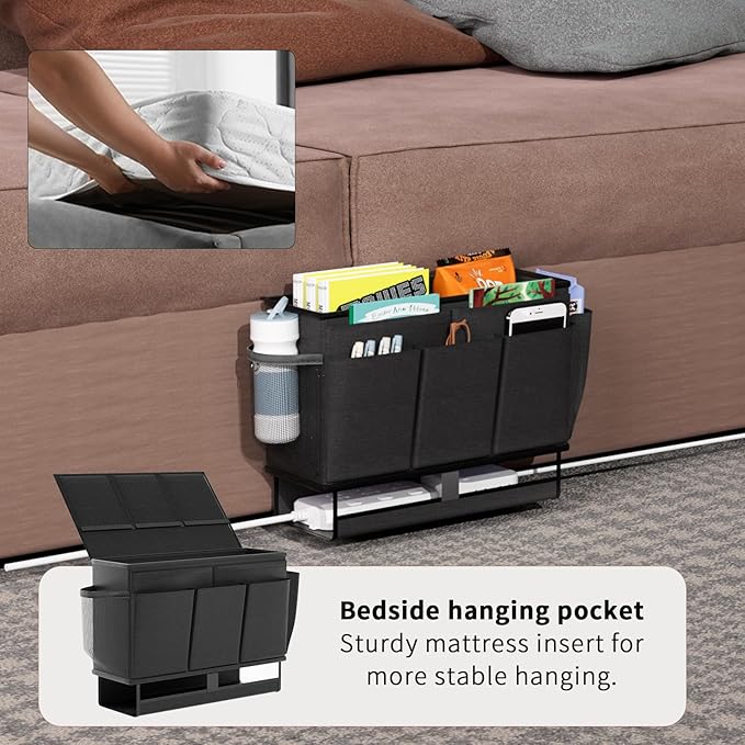 Bedside Caddy, Bed Organizer with 11 Pockets and Power Strip Holder,Versatile Bedside Storage Caddy for Home,Dorm,Bunk,Hospital,Crib Bed (2 Pack Black)-NeatNest