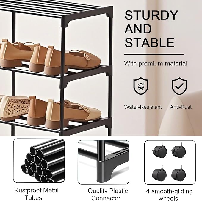 5-Tier Small Shoe Rack with Wheels, Slide-Out Metal Shoe Racks Storage, Anti-Rust Coating, Stackable Design - 16.9W for Entryway, Kitchen, Living Room & Office - Black