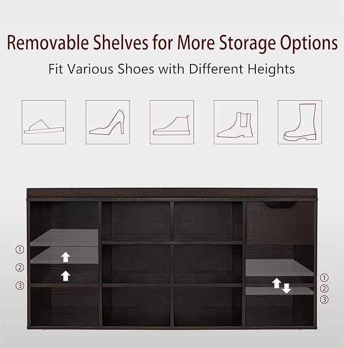 DINZI LVJ Shoe Bench, Entryway Storage Bench with Drawer and 11 Cubbies, Cubby Shoe Rack with Adjustable Shelves, Shoe Organizer Cabinet for Living Room, Bedroom, Mudroom, Closet and Garage, Espresso-NeatNest