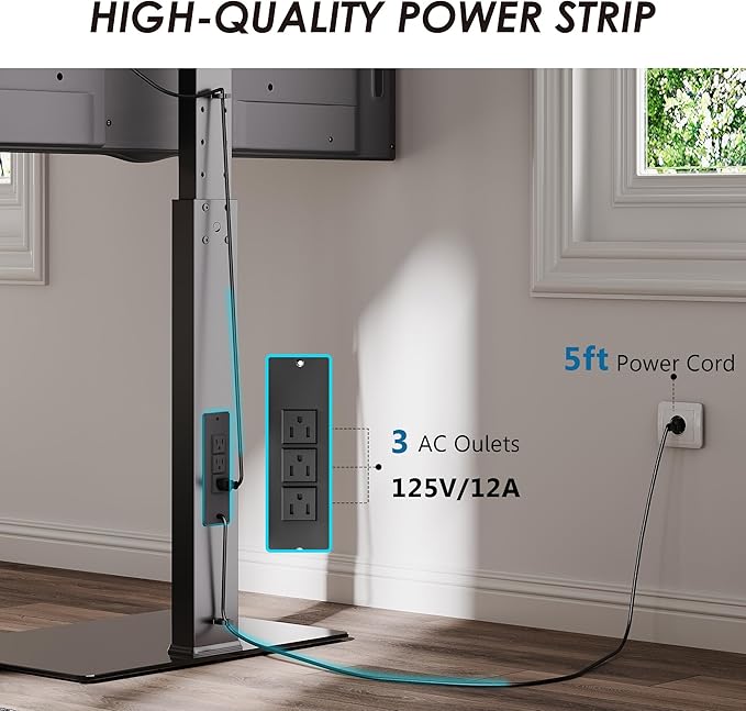 FITUEYES Floor TV Stand for 32-75 inch TV with Power Outlet, Tall TV Stand for Bedroom Living Room with Tempered Glass Base, Floor TV Mount Holds Up to 88lbs MAX VESA 600x400mm,Black-NeatNest