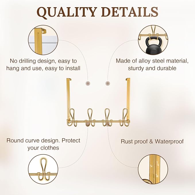 Double Prong Over The Door Hook Rack, with 4 Triple Hooks to Hang Your Coats, Hats, Towels, Purses and More in Your Bathroom, Bedrrom or Walk-in Closets - Gold