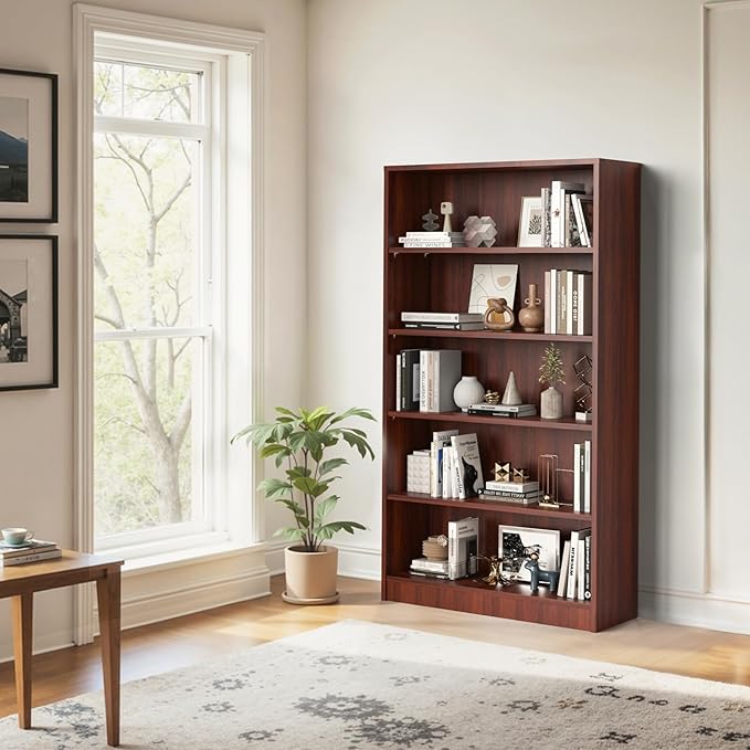 Farini 60 Inch Tall 5-Shelf Bookcase, Wood Bookshelf Storage Organizer Adjustable Shelf for Home Office, Study Room, Easy Assembly,Mahogany