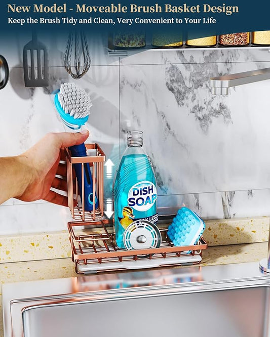 Consumest Sponge Holder for Kitchen Sink - Sink Caddy Kitchen Organizer with Removable Drip Tray for Countertop Dish Soap Dispenser Brush Storage Accessories 304 Stainless Steel, Rose Gold-NeatNest