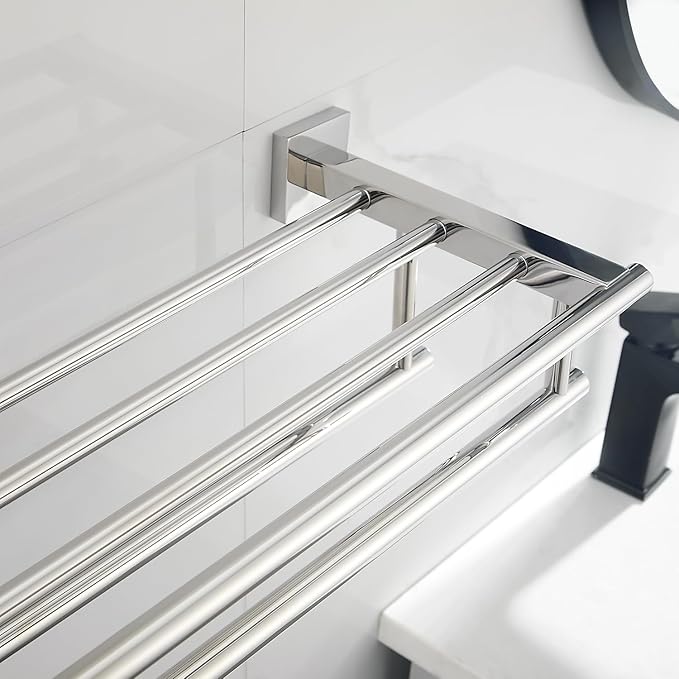 Bathroom Towel Rack with Double Towel Bar Bathroom Hotel Shower Shelf SUS304 Stainless Steel Modern Wall Mounted Holder 28 Inch Polished Chrome