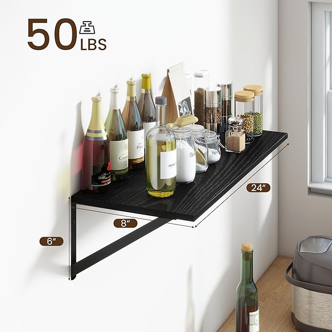 Fun Memories Deep Floating Shelves for Wall, 24W x 8D Wall Mounted Shelves Set of 2, Wide Display Ledge Shelf with Sturdy Metal Brackets for Living Room, Bathroom, Bedroom and Kitchen, Black-NeatNest