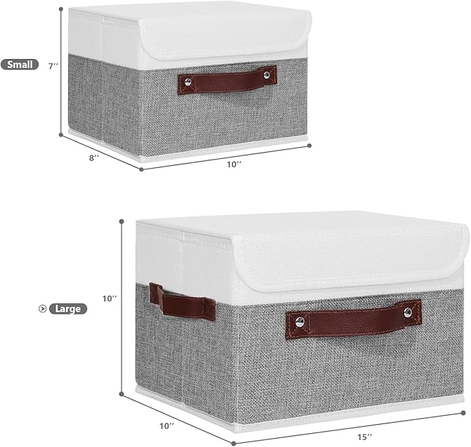 ANMINY Storage Boxes with Lids Washable Decorative Storage Bins Basket with PU Leather Handle Foldable Linen Fabric Storage Cubes Containers for Home Closet Organizer - Gray White, Large Size-NeatNest