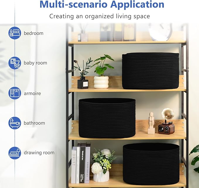 Cotton Rope Storage Basket, 15x10x9 Inches, Woven Basket for Shelves, Clothes, Toys, Towels, Books, and Laundry, Durable and Stylish, Black (3 Pack)-NeatNest