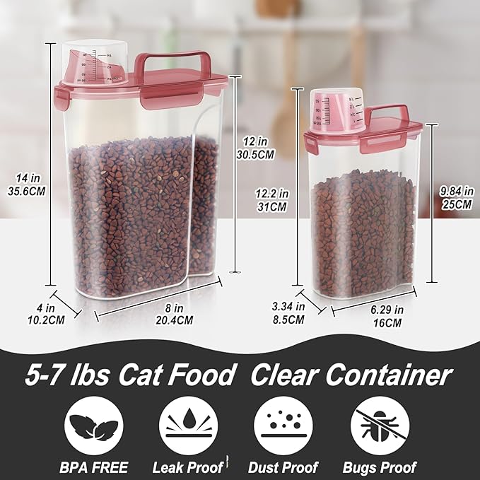 Dog Food Storage Container, Upgraded Large Nozzle BPA-free, 8-12 LBS Plastic Pet Food Storage Containers, With 4 Sealed Clasps, 1 Measuring Cup and Handle (2, Clear Pink, (3L+5L))-NeatNest