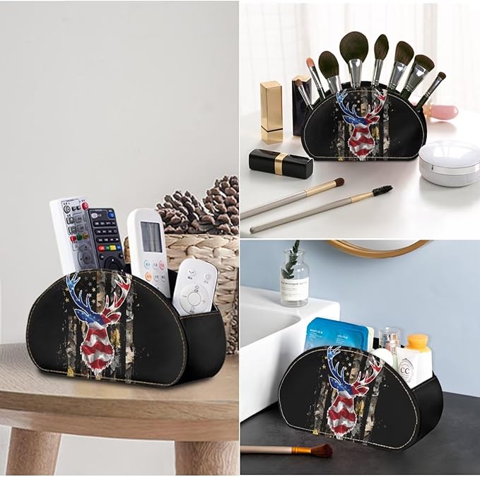 Flag Reindeer Pattern Print Office Desk Organizers with 5 Compartments, Remote Control Holder - Desktop/TV Stand/Nightstand Remote Caddy,for Glasses/Cosmetic Brushs/Pens Black-NeatNest
