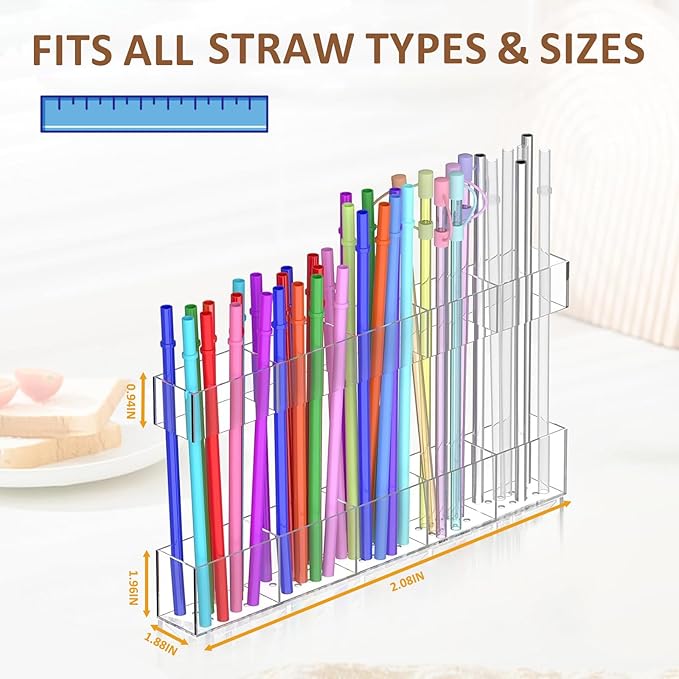 9.8” Acrylic Straw Holder with Double Sided Adhesive Tape Reusable Tumbler Straw Organizer Storage Container for Counter Cabinet Cupboard Kitchen(Large)
