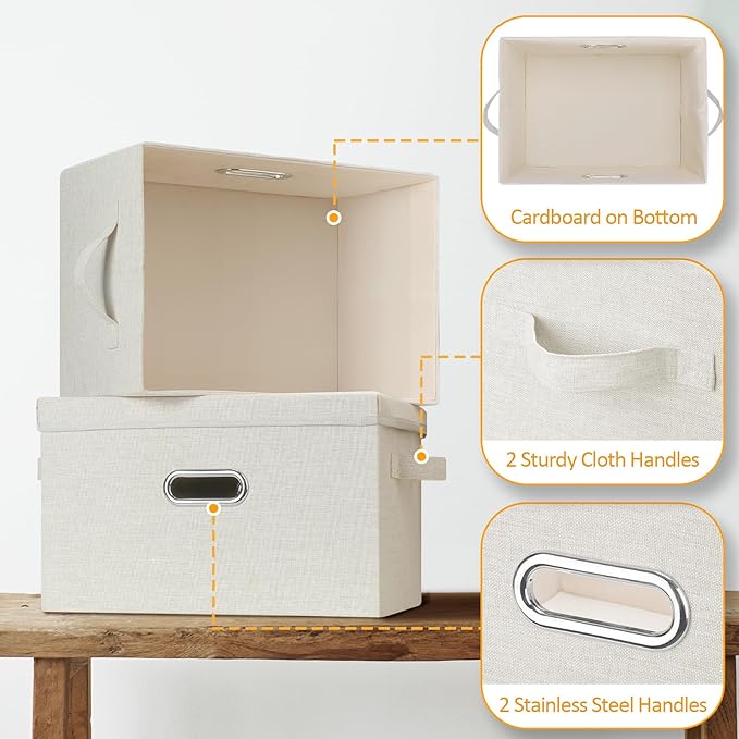 Bellzacasa Collapsible Storage Bins with Lids, 3 Pack Linen Fabric Foldable Storage Bin Cube with Handles, Toy Storage Baskets Box Closet Organizers and Storage Containers, Beige, 14.6x10.5x8.5