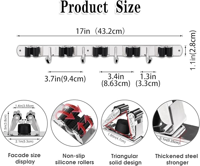 AceMining 5 Racks and 4 Hooks Mop and Broom Holder Wall Mount, Broom Organizer Storage Tool Racks Stainless Steel Heavy Duty Hooks Self Adhesive Solid Non-slip for Home Kitchen Garden Laundry Garage-NeatNest