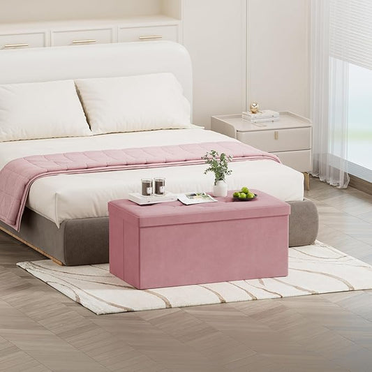 BRIAN & DANY Folding Storage Ottoman Bench, Ottoman with Storage, Foot Rest, Benches Seat for Bedroom, Living Room, Entryway, Long Shoes Bench, 15.7" x 31.5" x 15.7" Hot Pink-NeatNest