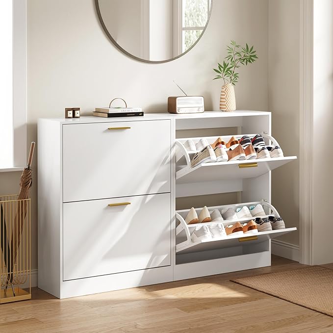Shoe Cabinet with 2 Flip Drawers, White Shoe Cabinet Storage for Entryway, Modern Shoe Organizer Wood, Freestanding Small Thin Shoe Racks with Doors, White-NeatNest