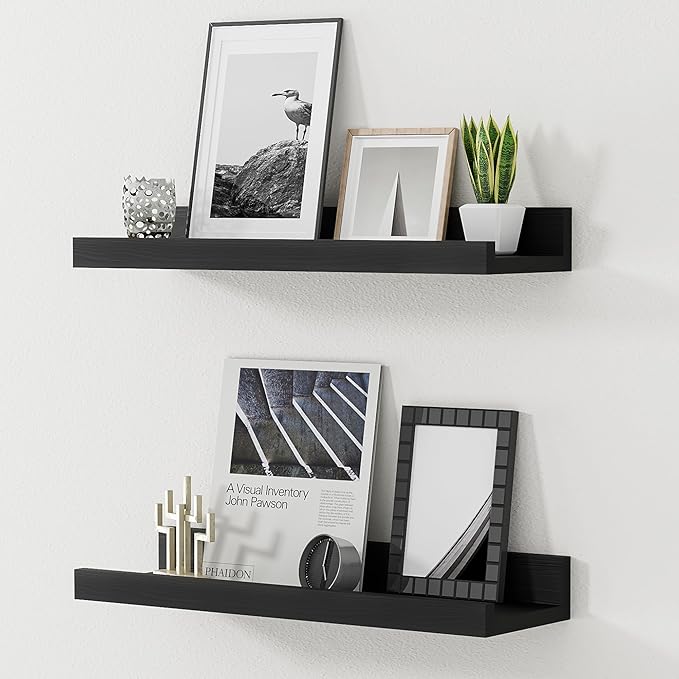Floating Shelves for Wall, 16 inch Solid Wood Picture Ledge Shelf, Picture Shelf for Wall with Ledge, Floating Book Shelves for Living Room Bedroom Kitchen Nursery Decor, Black, Set of 2-NeatNest