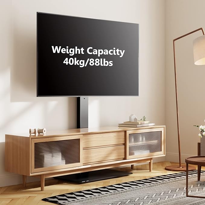 FITUEYES Swivel Floor TV Stand with Mount for TVs 37 43 50 55 60 65 70 75 Inch LCD LED Flat/Curved Screens Universal Swivel Televisions TV Mount Stand for Bedroom Living Room Black Tempered Glass Base-NeatNest