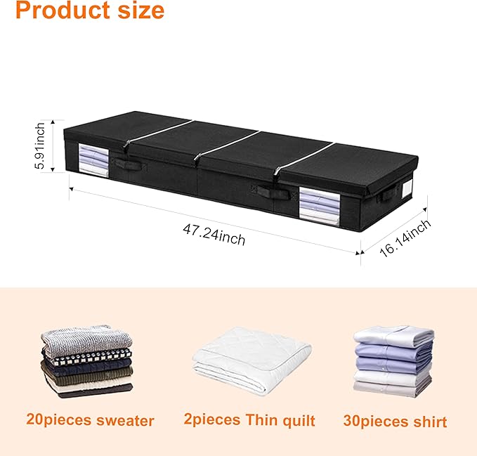 Under Bed Storage Containers, Black Large Capacity Closet Organizer for Blanket, Clothing, Comforter, Pillows, Ultra-thick Breathable Zippered Storage Bag-NeatNest