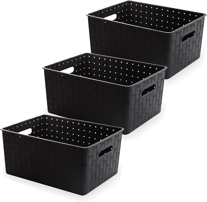 BINO | Plastic Basket, Large - Black | 3 Pack | THE STABLE COLLECTION | Multi-Use Storage Basket | Rectangular Cabinet Organizer | Home & Office Storage Organizer | Baskets for Bathroom Organizing-NeatNest