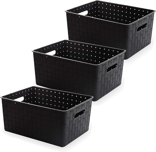 BINO | Plastic Basket, Large - Black | 3 Pack | THE STABLE COLLECTION | Multi-Use Storage Basket | Rectangular Cabinet Organizer | Home & Office Storage Organizer | Baskets for Bathroom Organizing-NeatNest