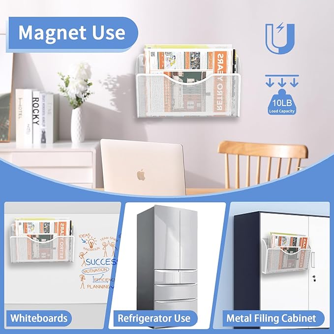 3 Pcs Magnetic File Holder for File Cabinets, Folder Holder Organizer- No Drilling Paper Document Holder, Large Capacity Office Hanging Magazine Rack for Refrigerator, Whiteboard, Office, Kitchen