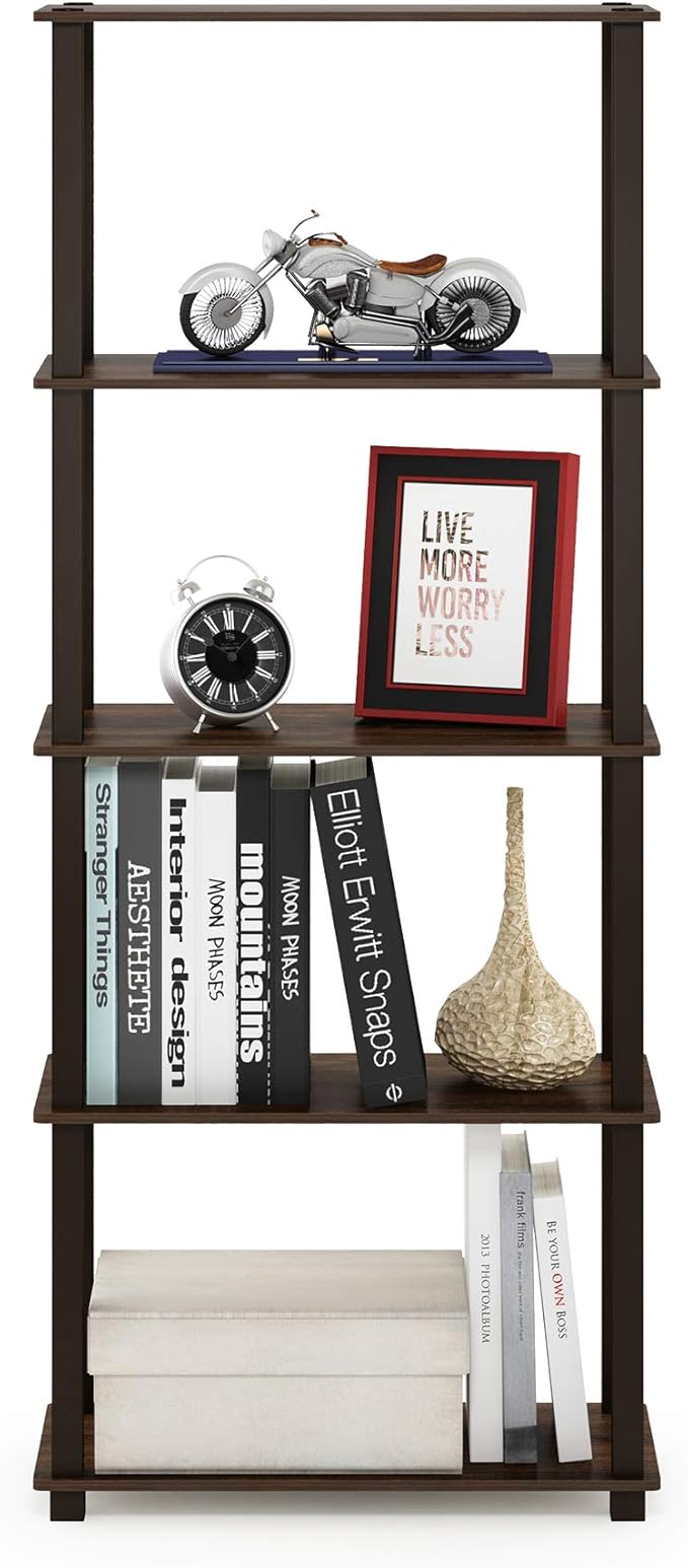 Furinno Turn-N-Tube 5-Tier Multipurpose Shelf / Display Rack / Storage Shelf / Bookshelf, Square Tubes, Walnut/Brown-NeatNest