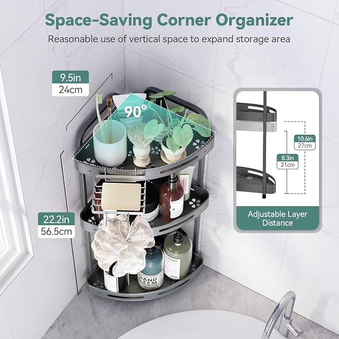 Corner Shower Caddy Standing, 3-Tier Rustproof Shower Organizer with Soap Holder, Aluminum Shower Shelf Stand for Bathroom Storage, Gray