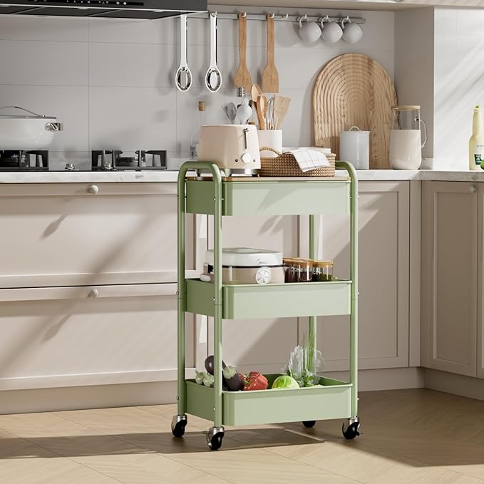 3 Tier Rolling Cart with Table top, Metal Rolling Utility Cart, Sturdy Storage Organizer Cart with Locking Wheels & Hooks for Office, Classroom, Kitchen and Bathroom-NeatNest